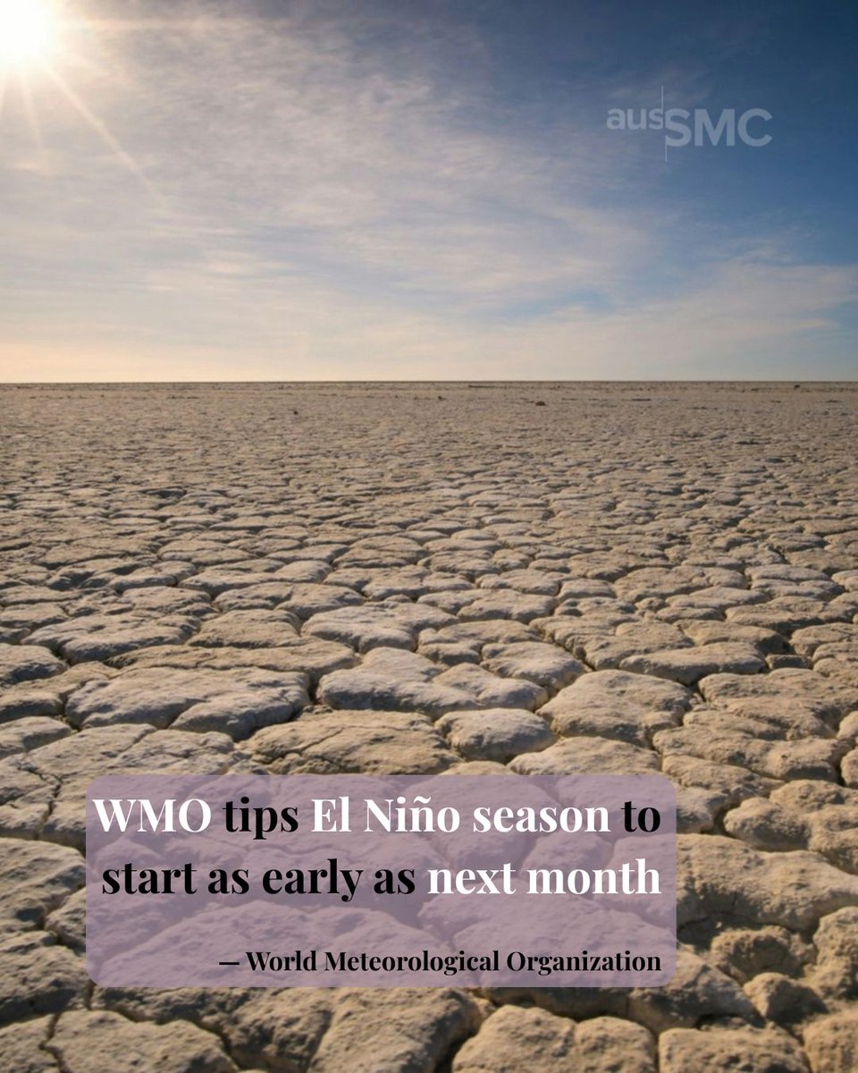 AusSMC's tweet image. ☀️ The WMO is now predicting the development of a hot, dry El Niño climate event developing from mid this year

buff.ly/C4zpU1N

#science #sciencenews #research #stem #facts #knowledge #sciencefacts #elnino #climate #climatechange #WMO