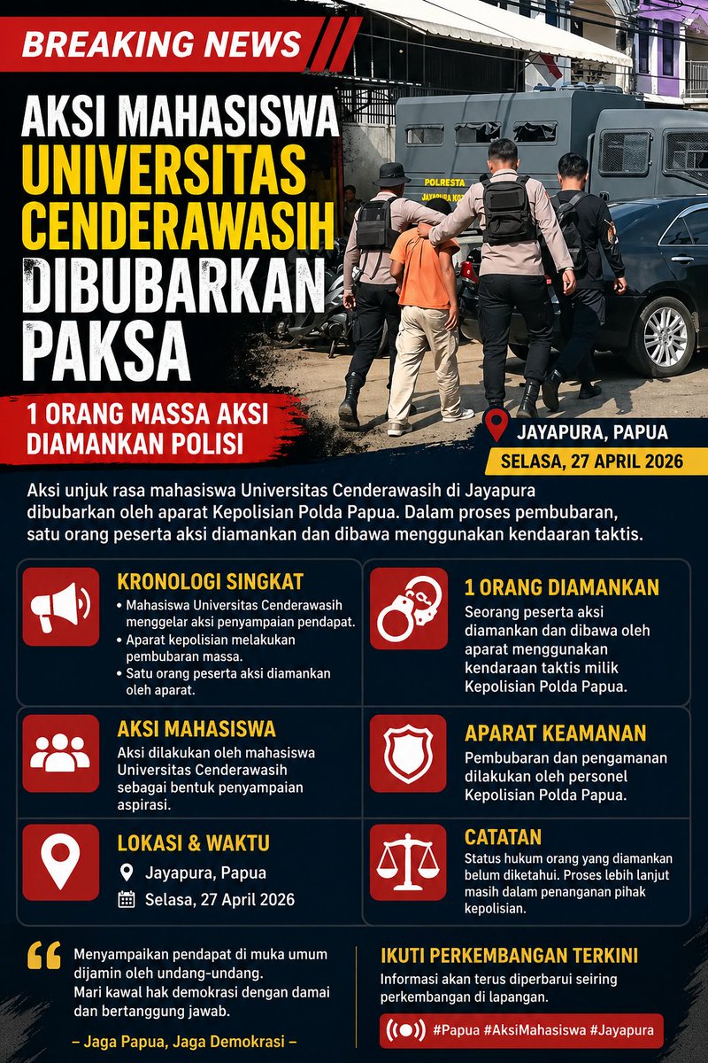 WestPapua1977's tweet image. #Breakingnews Aksi Mahasiswa Universitas Cenderawasih di bubar paksa ‼️

@sorotan #Monitor