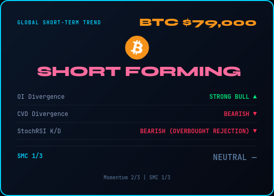 elcryptotavo's tweet photo. Status Update 🔮 BTC $79,000

Market in SHORT FORMING (+1.9%)
◆ OI: Strong Bull
◆ CVD: Bearish
◆ StochRSI: Bearish (overbought rejection)
◆ SMC: NEUTRAL (1/3)
Momentum 2/3 | SMC 1/3
➡️ Sells favored
⚠️ NFA. DYOR.
👉 https://t.co/nNid2AQglk
#BTC #Crypto #SmartMoney https://t.co/KjWvTUsGzK