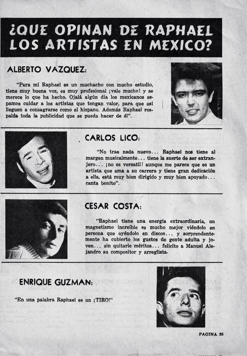 DisMoiLequel's tweet photo. Raphael es un ¡TIRO!" — Enrique Guzmán.

Encontré este recorte de revista donde los grandes artistas de México opinaban sobre Raphael. Es una mezcla increíble de admiración, respeto y hasta un poco de escepticismo sesentero. 📁✨ https://t.co/1uhimKLyUn