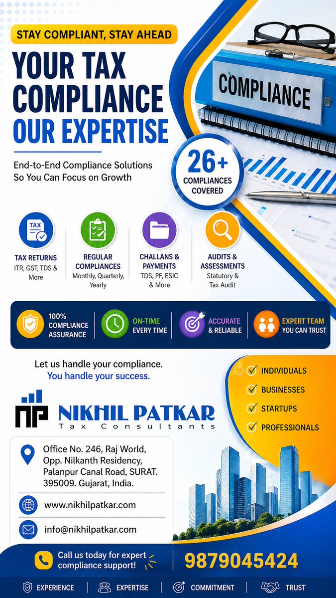 patkarns's tweet image. 🚨 Stay Compliant, Stay Ahead!
Are you managing compliances properly?
Late filing can lead to penalties.
💼 We provide complete compliance solutions.
🎯 26+ compliances covered.
Let us handle your compliance, you focus on growing your business 🚀

#GST #IncomeTax #TDS
#BUSINESS