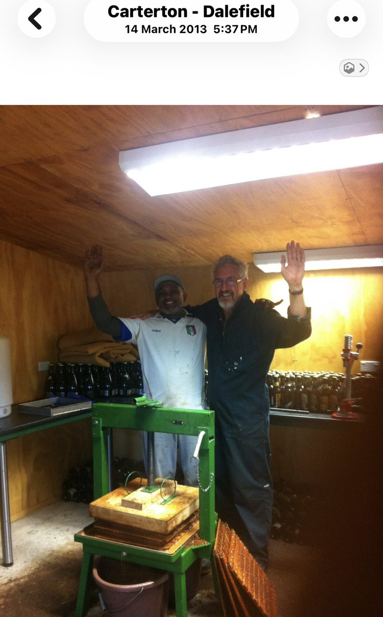 Trevor_FJ's tweet image. Flashback time 2013. I still have a few bottles left in the library. The tannins are mellowing a little but still drinks well.  We were using our original Vigo manual rack and cloth press then. Helped by our friend Champika Mahinda Wickramaarachchi and family. #cider #harvest.