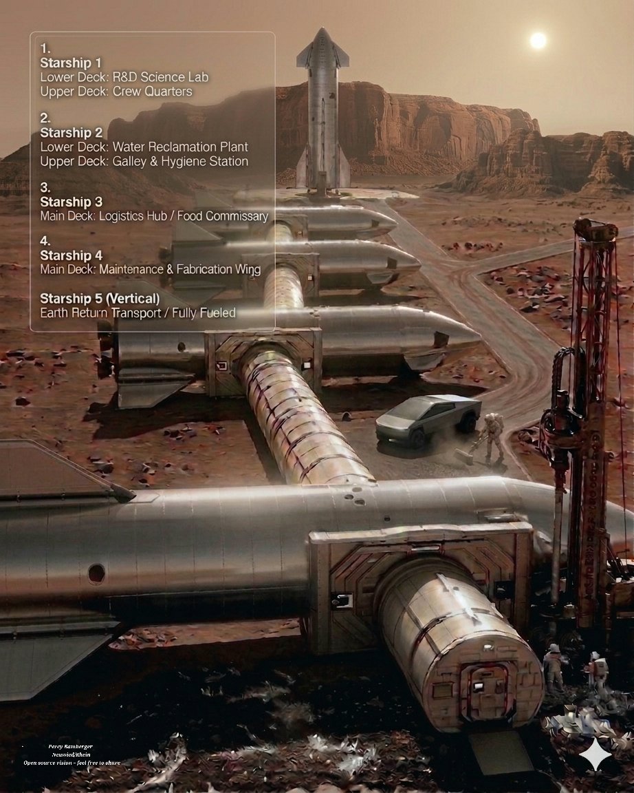 BambergerP1308's tweet photo. Horizontal for living 🚀🔴
Update: Sektion Neuwied Masterplan
1️⃣ Science & Quarters
2️⃣ Life Support & Water
3️⃣ Logistics Hub
4️⃣ Maintenance & Engineering
5️⃣ Earth Return Transport (Vertical)
Feel free to share! ✨
#SpaceX #Starship #Mars #Engineering @elonmusk https://t.co/jUJK9VHUtm