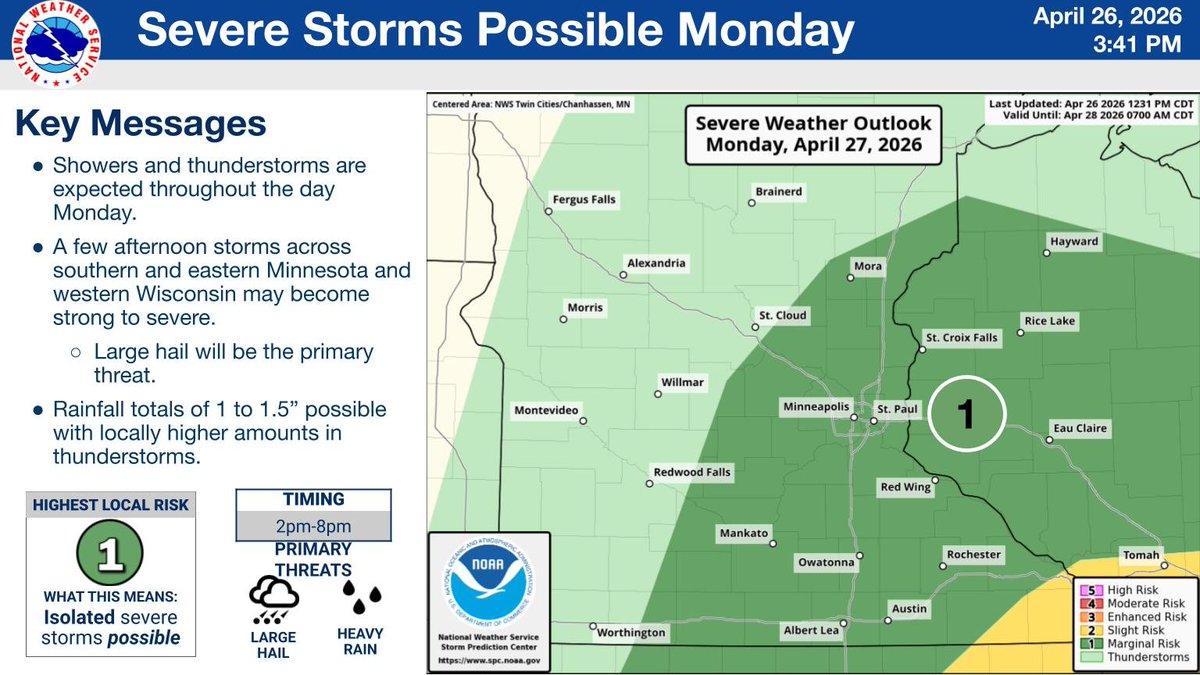 NWSTwinCities's tweet image. Scattered showers will increase this evening, becoming widespread steady rain tonight. Rain will continue into tomorrow morning with a chance for strong to severe storms during the afternoon. Rainfall totals of 1 to 1.5” possible with locally higher amounts in storms. #mnwx #wiwx