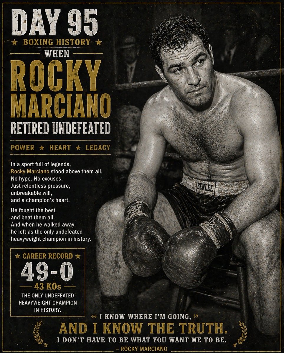 YuryIak's tweet image. Day 95 — 49-0

Rocky Marciano retired undefeated.

49 fights.
49 wins.

Still the only heavyweight champion
to finish his career without a loss.

#RockyMarciano #49and0 #BoxingHistory #Undefeated #Heavyweight