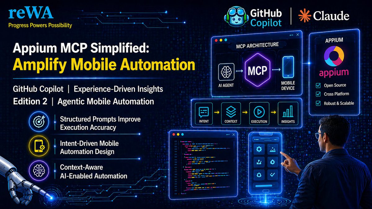 reWireChannel's tweet photo. Check out the latest article in my newsletter: Appium MCP Simplified: Amplify Mobile Automation https://t.co/t2DzIwKEHt via @LinkedIn 

#appium #AgenticAutomation #AIAutomation #MobileAutomation #Claude #GitHubCopilot #TestAutomation https://t.co/O9YdQ29VZn