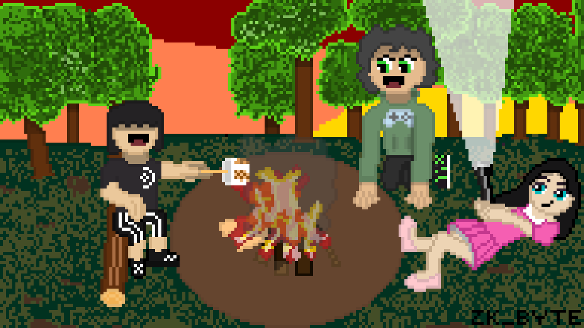 ZK_Byte92's tweet photo. Aquí ZKByte de vuelta con un nuevo dibujo, ahora tenemos a Zek, Lía y Nilo acampando mientras llega el atardecer. Estuve reestructurando mucho el diseño de Lía, pero en esta ocasión las manos me complicaron las cosas, así como también los árboles, necesito mejorar el cómo hacerlo https://t.co/w1zpmqYCLe