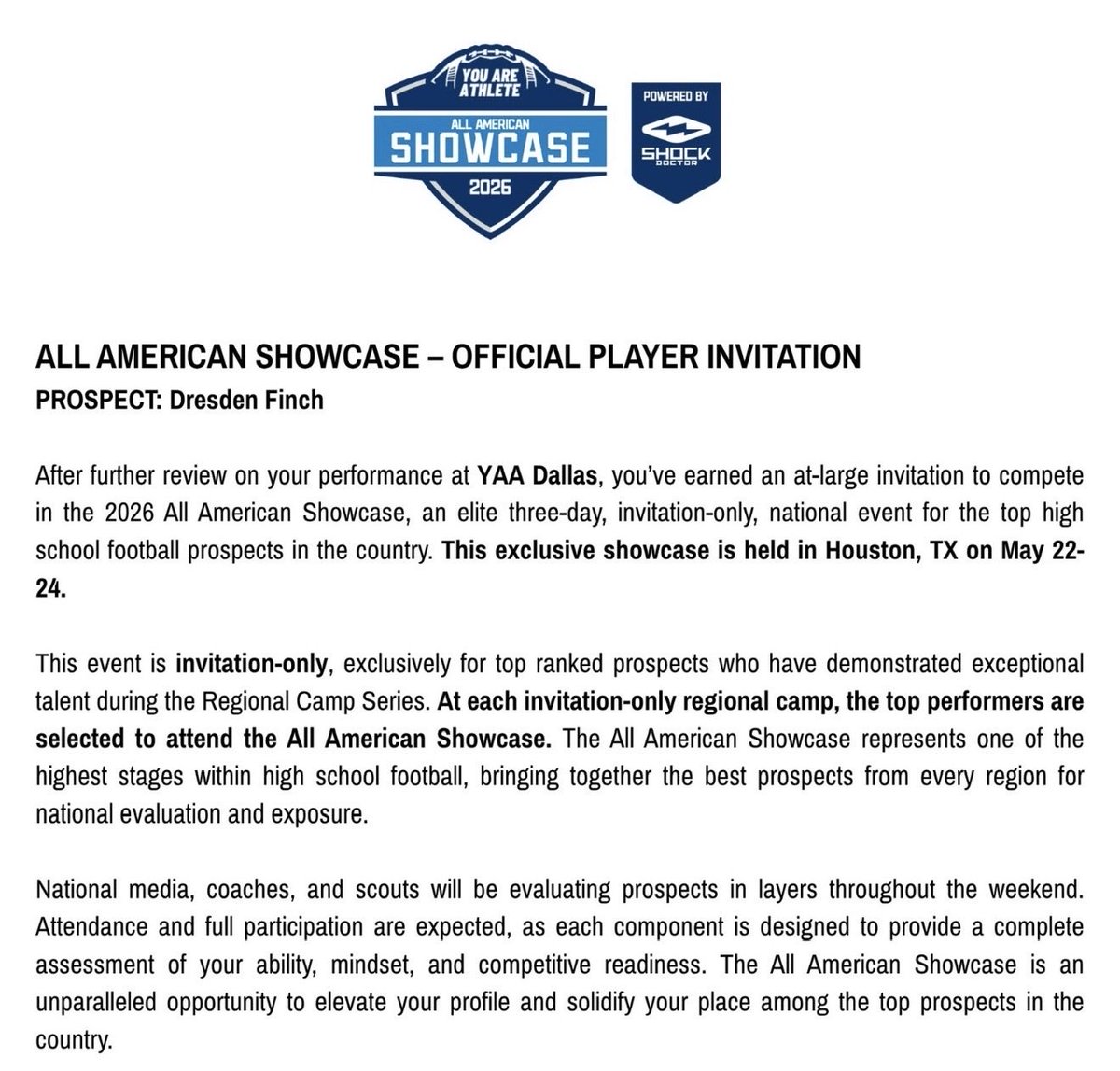 DresdenFinch's tweet photo. Thank you @youareathlete! Honored and blessed to be invited to the All American round @RoadToHouston from the January regional round. #AGTG #footballandfaith #perserverance #safeties #runningbacks #dctf #d3fb #D2FB

@TrevorOwens81 @Coach_Blaize @Coach_Pelz @JeffTFrick @PeasterFBALL 

@CoachC_Osunde @CoachJ_O @JButler_210 @ScottRapp17 @bench424nmore @JClarkHFB247 @MikeRoach247 @adamgorney @samspiegs @DfwSho @GMsportsmedia1 @Gosset41 @NextupDfw @YAthletesF @Forswags @raj_manjrekar @nxt1sports @TXPrepSports @SportPrepX @Recruit_DFW @USCHippie @mcz_sports @DanDiEdwardo1 @JGrantSports @Marchen44 @MikeM_Scout @N_W_Sports @CSmithScout @TXRecruits @ContactsCollege @TopTierUofL @D2Football @d3football @FCRecruits @DarielShepherd @gobigrecruiting @TopPreps @5StarFBRecruits @CoastRecruits @sixstarfootball @RecruitMatador