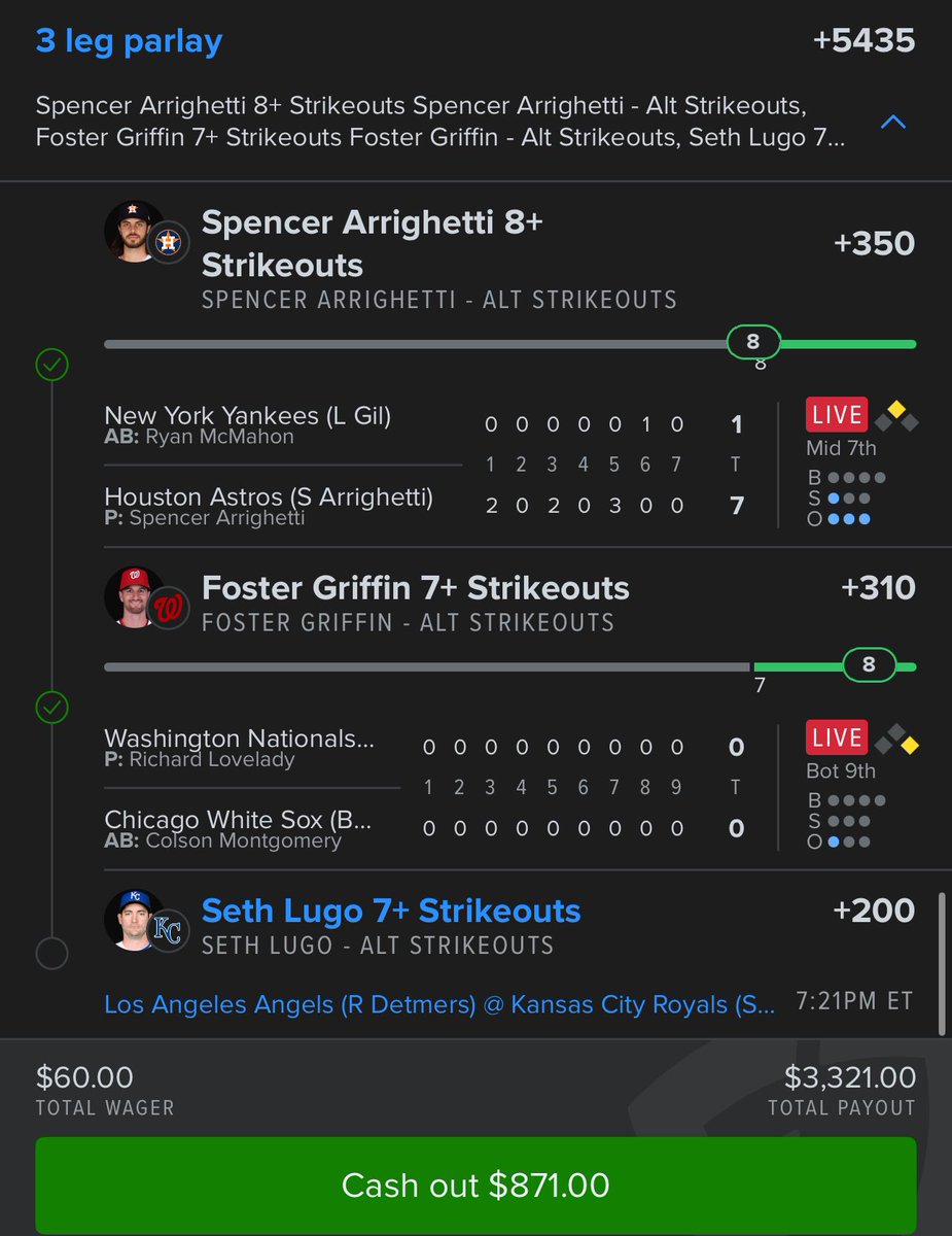 elite_pickspro's tweet image. I’m looking at a $3,321 payout on a $60 bet. The book is offering $871 right now. Do we trust Lugo against an Angels lineup that loves to swing and miss, or do we secure the bag? 💰🤔

t.me/+CISrNsa3J6M0Y…

#NCAA #Trending #TrendingNow #PlayerProps #PropBets  #NFL #mlb #NBA