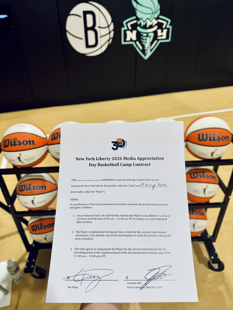 GreydyDiaz's tweet photo. This morning I signed my @nyliberty 2026 Media Appreciation Day Basketball Camp Contract and got right to work lol. The Liberty coaches put us through drills they run with their actual players — so fun getting to interact with them alongside about 25 other talented media members. I sent the contract to my lawyer who got a good laugh! 

Courtney Paris named @midrangemami MVP of the camp. 🥰🎸

A very special shout-out to the Liberty for having @shenaecurry's initials on the shirts we all wore. Shenae was our fellow media member who sadly passed in February. A beautiful tribute. Legacy 🙏🏽