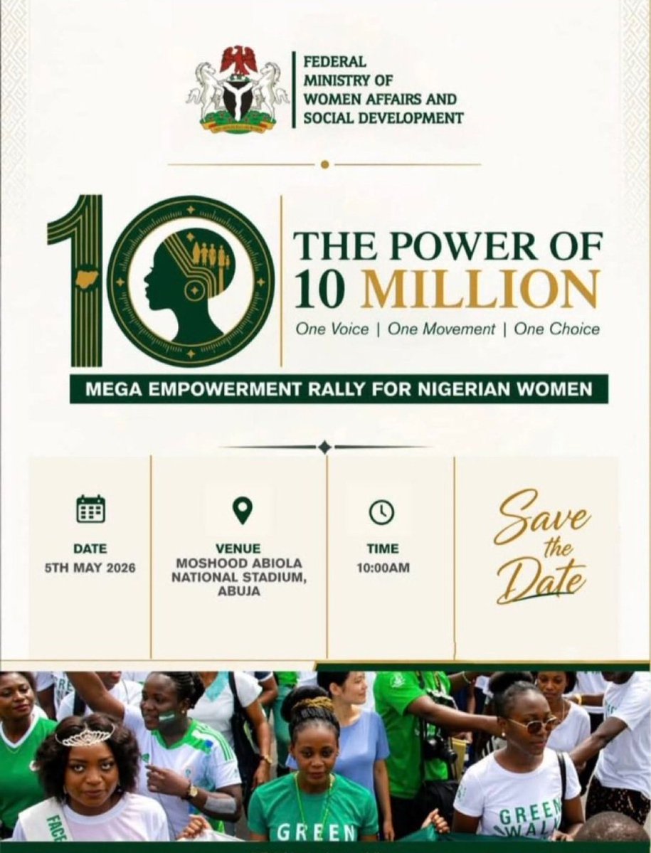 Diorthecurator's tweet image. Stay updated on the upcoming Mega Empowerment Rally for Nigerian Women.
Themed: The Power of 10 Million.

Follow this account for updates: @Powerof10M 

#OneVoice
#OneMovement
#OneChoice