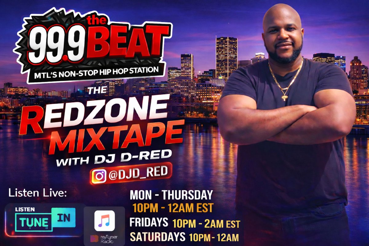 999TheBeat's tweet photo. 🚨 The Red Zone Mixtape 🚨

@DJD_RED bringing late-night heat to Montréal 🔥
Nonstop hip-hop. Heavy vibes. Club energy.

🎧 Mon–Thurs: 10PM–12AM
🔥 Fri: 10PM–2AM
🎶 Sat: 10PM–12AM

📲 Listen live on TuneIn &amp; Apple Music
🔗 Link in bio

#HipHop #Montreal #Mixshow #Rap https://t.co/ZbNdJYGWWC