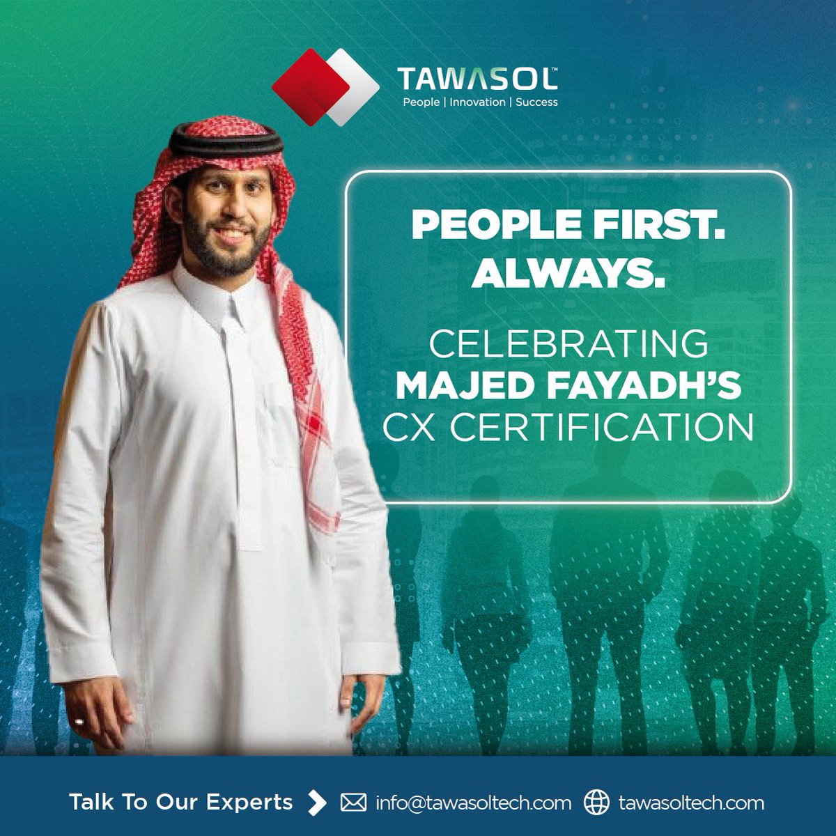TawasoltechSA's tweet photo. At Tawasol, people come first.
Proud of Majed Fayadh for earning his CX certification 👏
Investing in people is how we deliver better experiences.

#Tawasol #PeopleFirst #CX #CustomerExperience https://t.co/SeGzNd4b1G