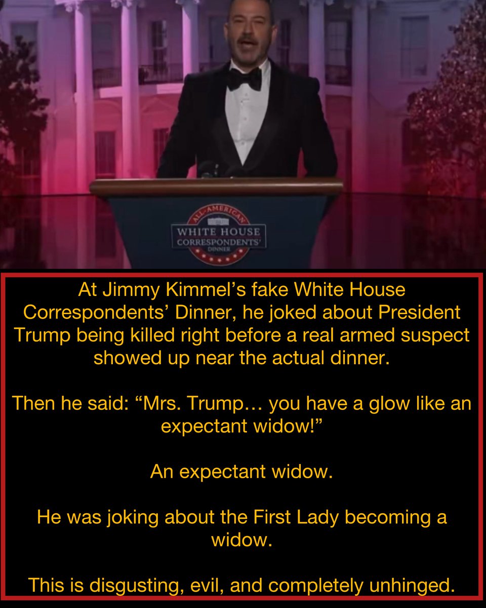 w_terrence's tweet image. Jimmy Kimmel said this right before an armed man showed up at the actual White House Correspondents’ Dinner and tried to shoot Trump.

At Jimmy Kimmel’s fake White House Correspondents’ Dinner, he joked about President Trump being killed right before a real armed suspect showed