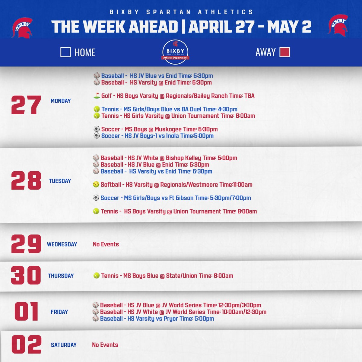 HomeofSpartans's tweet image. Bixby Spartans week ahead for April 27 - May 2
#BixbySpartans | #PlayLikeChampions