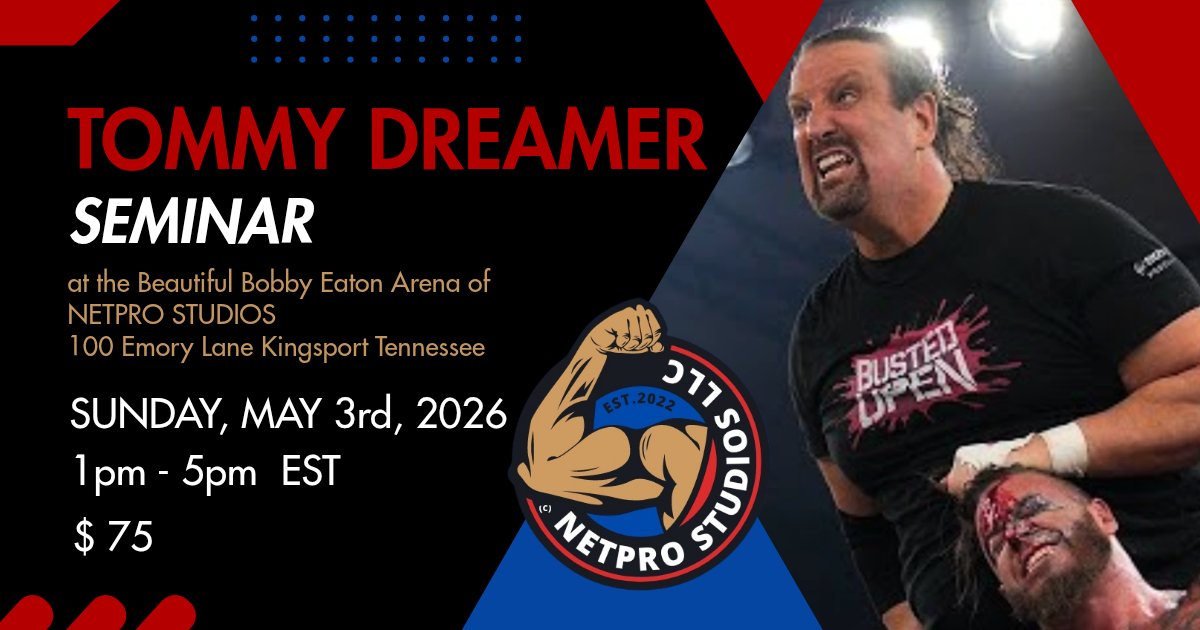 NetproStudios's tweet image. IN 1 WEEK! @THETOMMYDREAMER seminar @NetproStudios on Sunday May 3rd, cost is $75.
At 100 Emory Lane Kingsport Tennessee 37660
#wrestlingseminar #TNAWRESTLING #impactwrestling