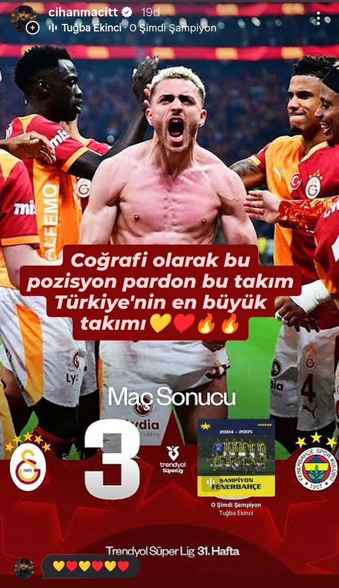 CihanMacitMusic's tweet photo. Coğrafi olarak Dünyanın en güzel ülkesi Türkiye,Türkiye'nin en iyi takımı da Galatasaraydır net. 💛♥️ #galatasaray  #gsfbderbi #şampiyongs #gs #derbi https://t.co/XRqwFLTN6J