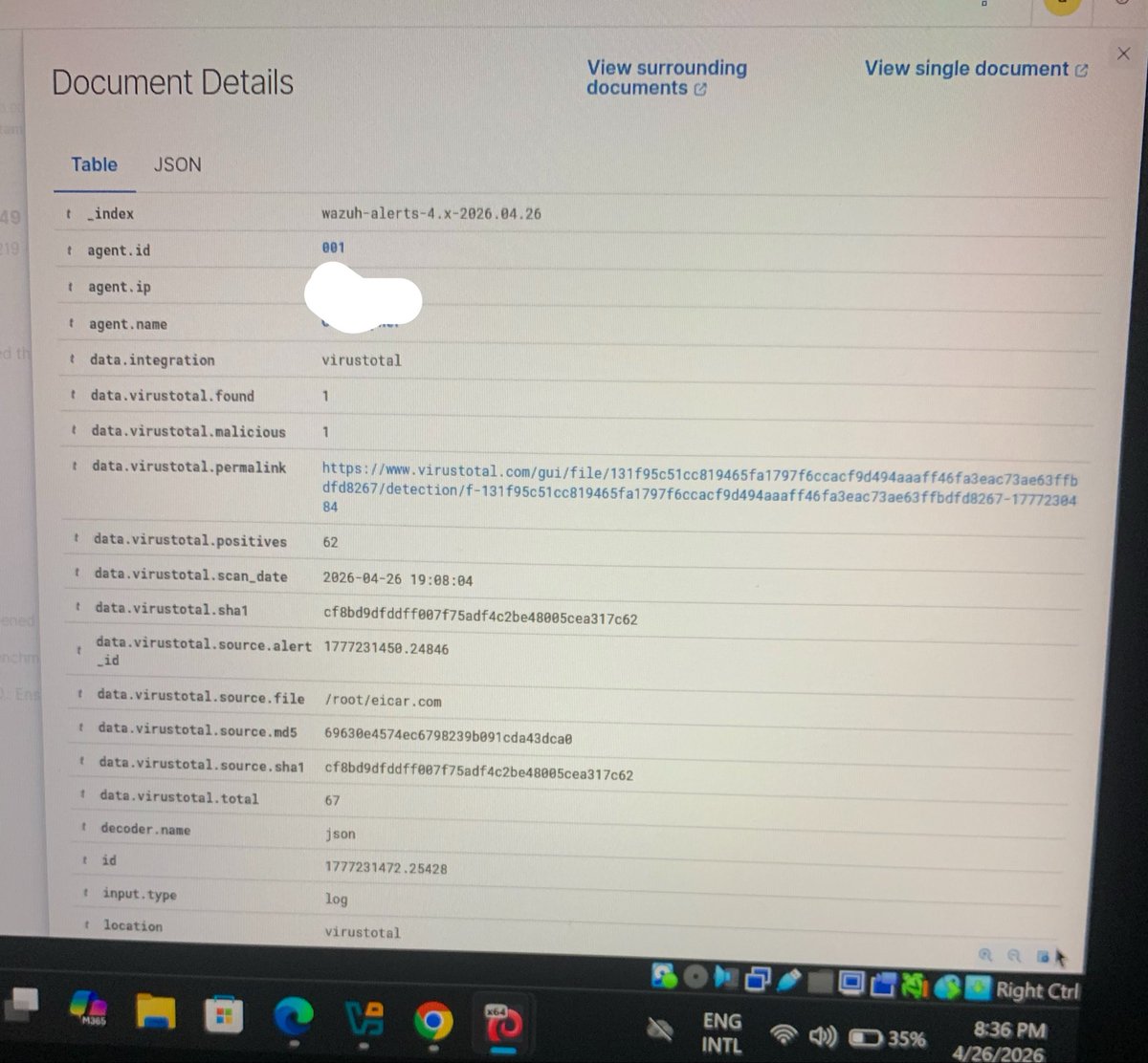 mr_kay7's tweet image. Lab day was a rollercoaster🎢

Finally fixed my VirtualBox networking and orchestrated VirusTotal into Wazuh to act as my SWAT tool. Integrated a custom playbook and triggered a Level 12 alert with an EICAR test.

#CyberSecurity #SOC #Wazuh #LearningInPublic