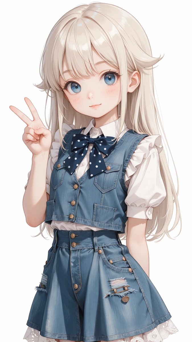 AliceLavli's tweet photo. ٩(ˊᗜˋ*)وおはよぉ
衣装プロンプトどうぞ✨
outfit, white short sleeve blouse, soft cotton fabric, puff sleeves, ruffled sleeve edges, high neckline with small collar, large navy blue bow tie at neck with white polka dot pattern, cropped light blue denim vest, sleeveless, fitted, visible stitching, flap chest pockets, metallic buttons on front, structured short length, high-waisted denim skirt, medium blue wash, A-line silhouette, front button details, belt loops and waistband structure, small coin pocket, decorative metal studs and buttons, distressed ripped detail on one side, small charm accessory attached near pocket, layered skirt hem with visible white lace underskirt, combination of denim and lace textures, feminine casual style