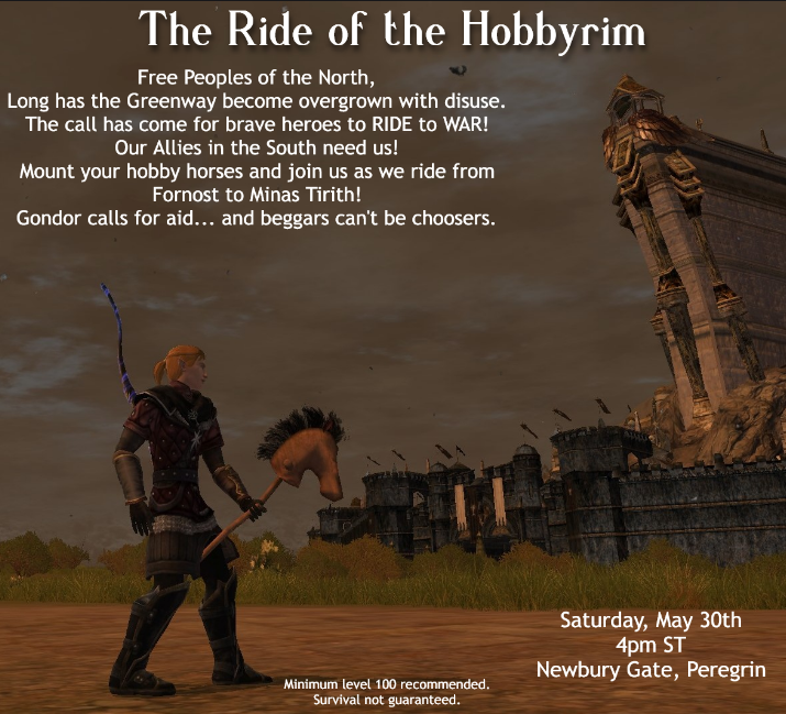 PeregrinEvents's tweet photo. The Ride of the Hobbyrim is coming Saturday May 30th on #Peregrin, the free peoples shall ride Hobby Horses in a grand race from Fornost to Minas Tirith, got a silly hobby mount? then come join the fun! #lotro https://t.co/0EuAcUyUJ4