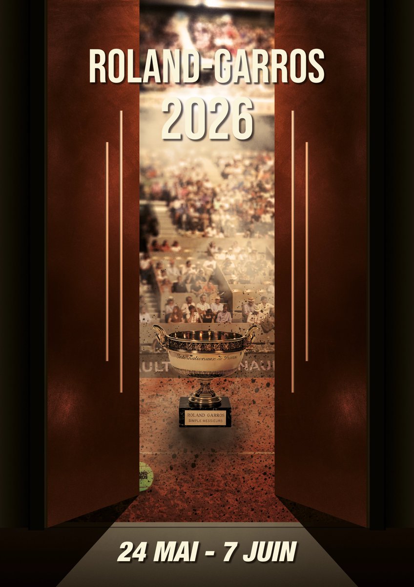 Tomazer's tweet photo. Le trône est vide. 🎾

Pour l'ouverture de Roland-Garros 2026, j'ai voulu représenter ce moment charnière où le destin bascule. Graphiquement, mon affiche se concentre sur ces portes s'ouvrant vers le court central : un passage vers l’histoire, avec le trophée en ligne de mire.🏆 https://t.co/Sx0EUKya6p