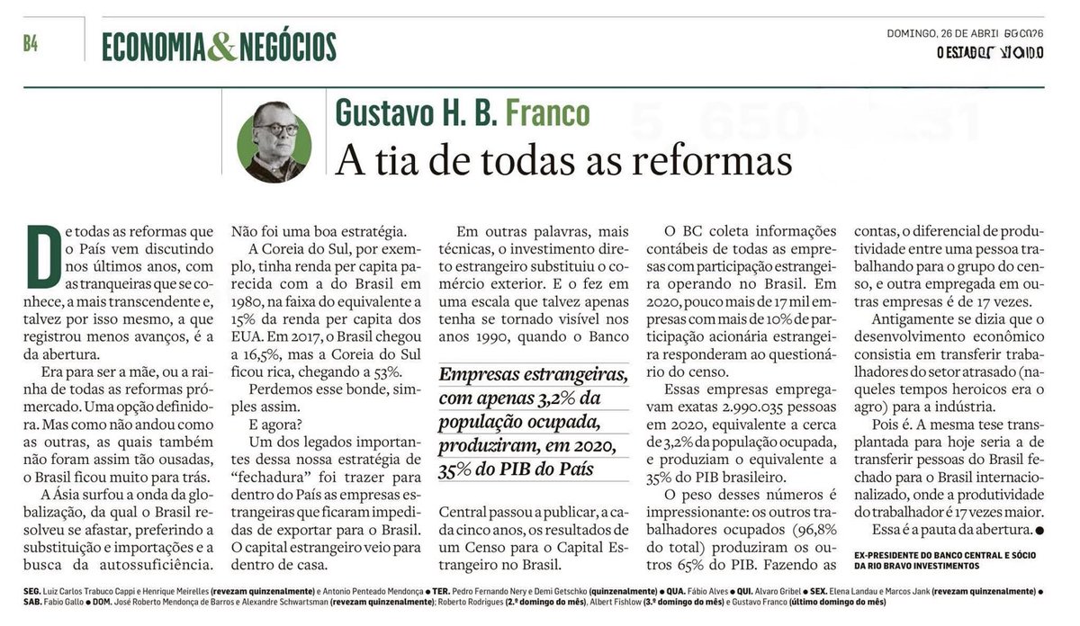 Uma agenda de produtividade para o Brasil passa necessariamente por aumentar a exposição das empresas a competição, não é só isso, é claro, mas sem isso não vamos a lugar algum. Muito bom o texto do Gustavo Franco.
