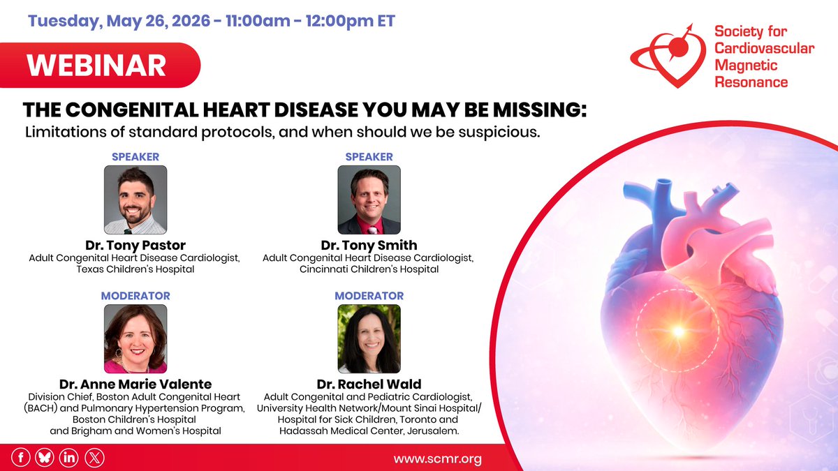 SCMRorg's tweet image. 🎓 SCMR Webinar | The Congenital Heart Disease You May Be Missing
Could congenital heart disease be overlooked despite standard imaging protocols? Learn key clues that may help identify missed diagnoses.

👉 Register now: bit.ly/4vF5i6Z
#SCMR #Webinar #CMR #WhyCMR