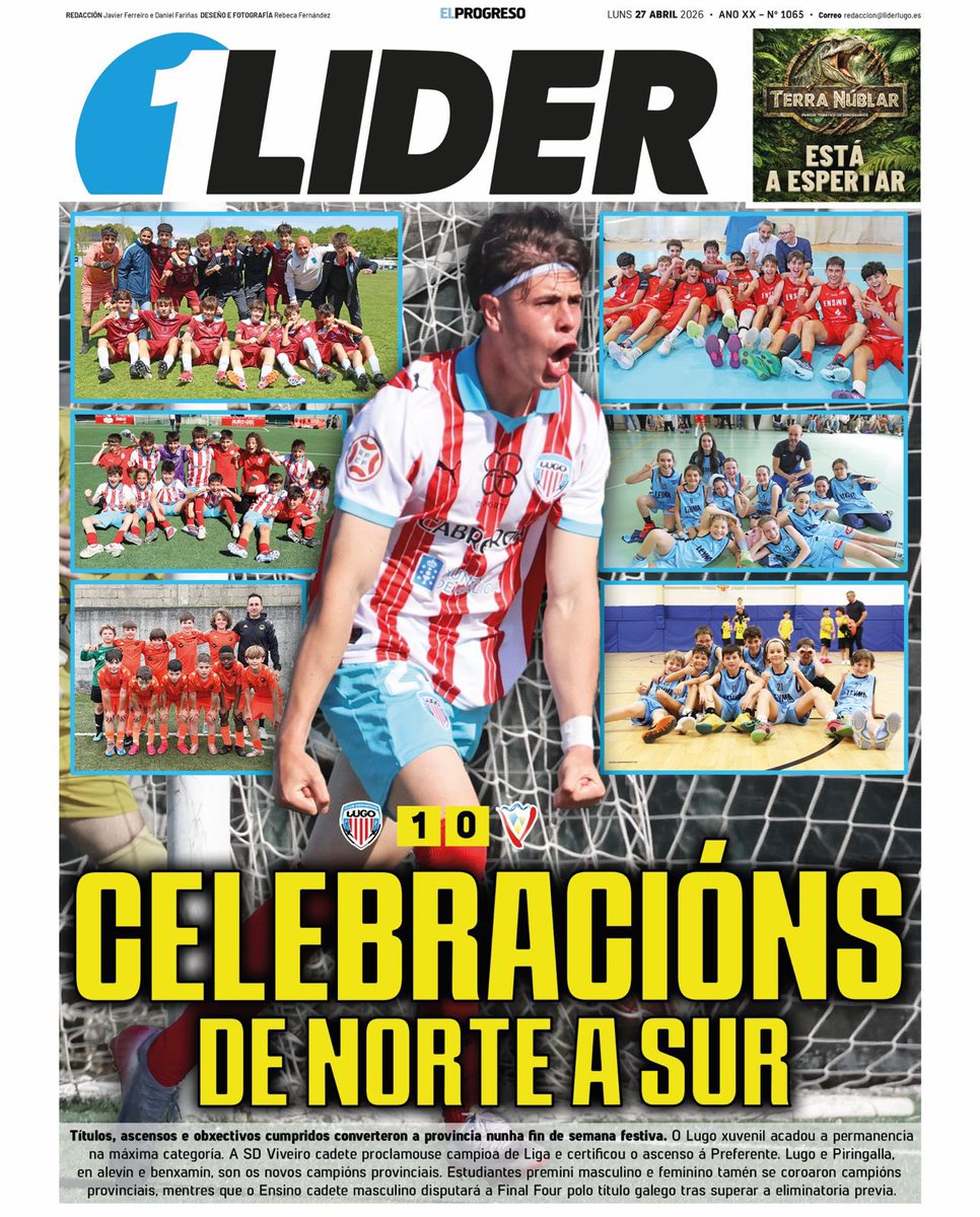 LiderRedaccion's tweet photo. Mañá LÍDER 1️⃣.0️⃣6️⃣5️⃣📰

CELEBRACIÓNS DE NORTE A SUR

⚽️permanencia @CDLugoCanteira DH
⚽️titulo e ascenso @sd_viveiro2012 cad
⚽️Lugo e Piringalla campións provinciais
🏀 os premini do @EstudiantesLugo CP
🏀 @EnsinoLugoCB CM xogará a F4
…
Mañá máis no @elprogreso_Lugo 👇 https://t.co/Vf3DQm2Uxv