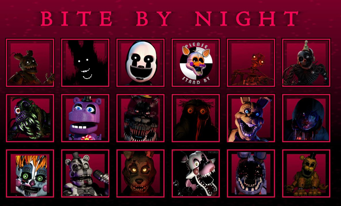 1730_scp's tweet image. I've seen a lot of the BBN cast and stuff. I'm not against the fact that there's more FNAF 2 stuff going on these days, but here's my cast for the game! They're based on games, books, and novels. Some designs are from TPRR btw. #bitebynight #fnaf #cast #roblox