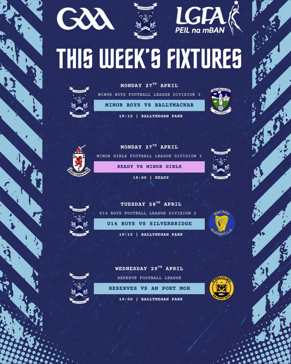 Ballyhegan1902's tweet image. 📅Check out this week’s upcoming fixtures in the graphics below ⬇️ 

Get out &amp;amp; show your support when you can 🟦

🔗 A reminder that you can catch all fixtures, results and tables on our club website:

ballyhegan.gaa.ie/fixtures-resul…

#BallyheganDavitts #GAA #LGFA #ClubFootball #Fixtures