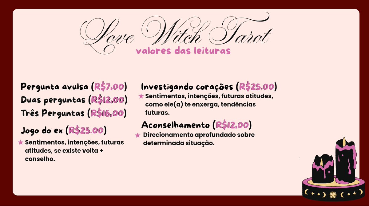 lovewitchttarot's tweet photo. ★ Olá, seja bem vindo ao meu perfil. Por aqui faço leituras gerais para quem precisa de direcionamento.

Abaixo meu catálogo para caso você deseje uma consulta personalizada e canalizada com sua energia. ♥️✨

🌹🐈 Entre em contato pela dm ou whatsapp! https://t.co/uRwQw8rpeG https://t.co/0eDH7HkflQ