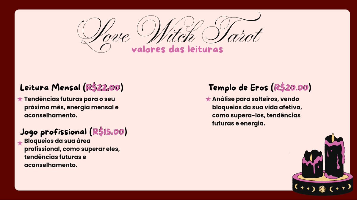 lovewitchttarot's tweet photo. ★ Olá, seja bem vindo ao meu perfil. Por aqui faço leituras gerais para quem precisa de direcionamento.

Abaixo meu catálogo para caso você deseje uma consulta personalizada e canalizada com sua energia. ♥️✨

🌹🐈 Entre em contato pela dm ou whatsapp! https://t.co/uRwQw8rpeG https://t.co/0eDH7HkflQ
