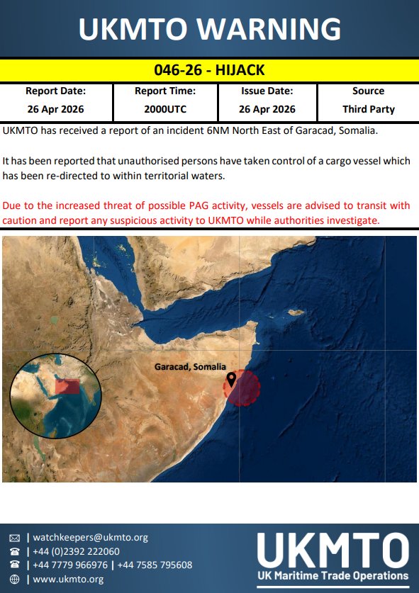 MenchOsint's tweet photo. ⭕️ Second such incident reported in 48 hours, likely Somali militants seize a Cargo vessel &amp; re-direct it off the Somali coast. https://t.co/npRApOZWma