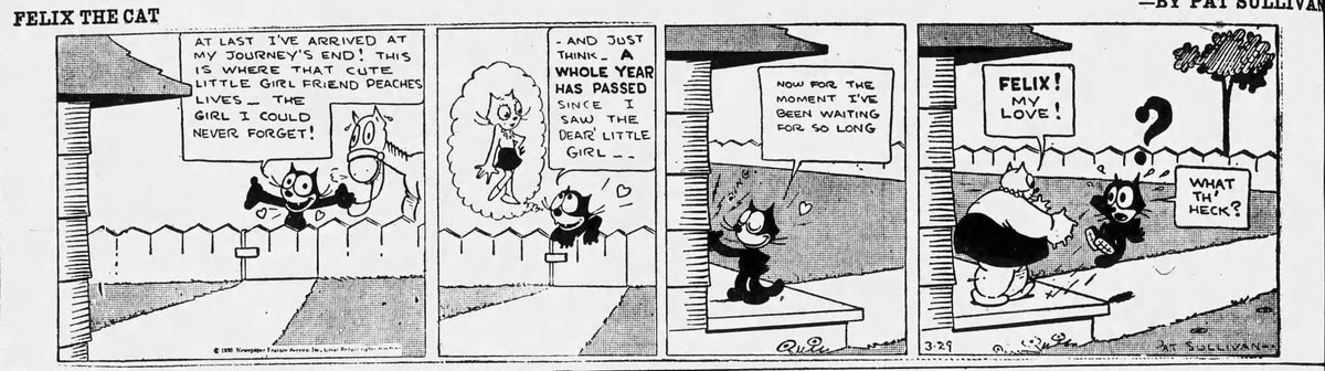 JLW2699's tweet image. BWAHAHA! Karma strikes! 😂

I take it Felix doesn’t like ‘em thicc…😅

Felix the Cat in “Icy Eyes” by Pat Sullivan Studios (Mar. 29 and 31, 1929)

#FelixTheCat #Fat #Women #Thicc #Rejected #Love #Weight #Heavy #Cheeseburger #Fries #Cartoon #Comic #BodyShame #America #1920s