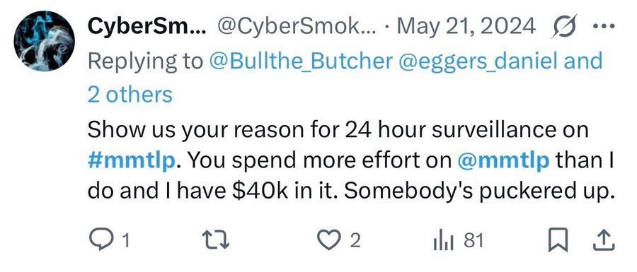AMCScam's tweet image. Before trying to tout on X, ask yourself 2 questions:

1) Have I lost $40k in this position? If so, touting may not be the best idea. $MMTLP

2) Have I publicly threatened elected officials because of my losses? Again, if so, touting may be unwise. @CyberSmoke5150 #RonaldMcDonald