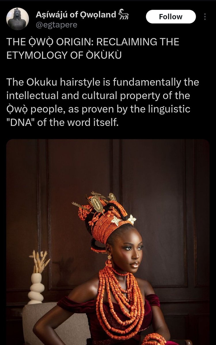 The whole yoruba movement for almost a year now trying all their possible best to steal okúkú hairdo needs to be the most studied cultural theft in modern history, same people who do not know how to make this okúkú and adamantly trying to thief the whole hairdo needs to be