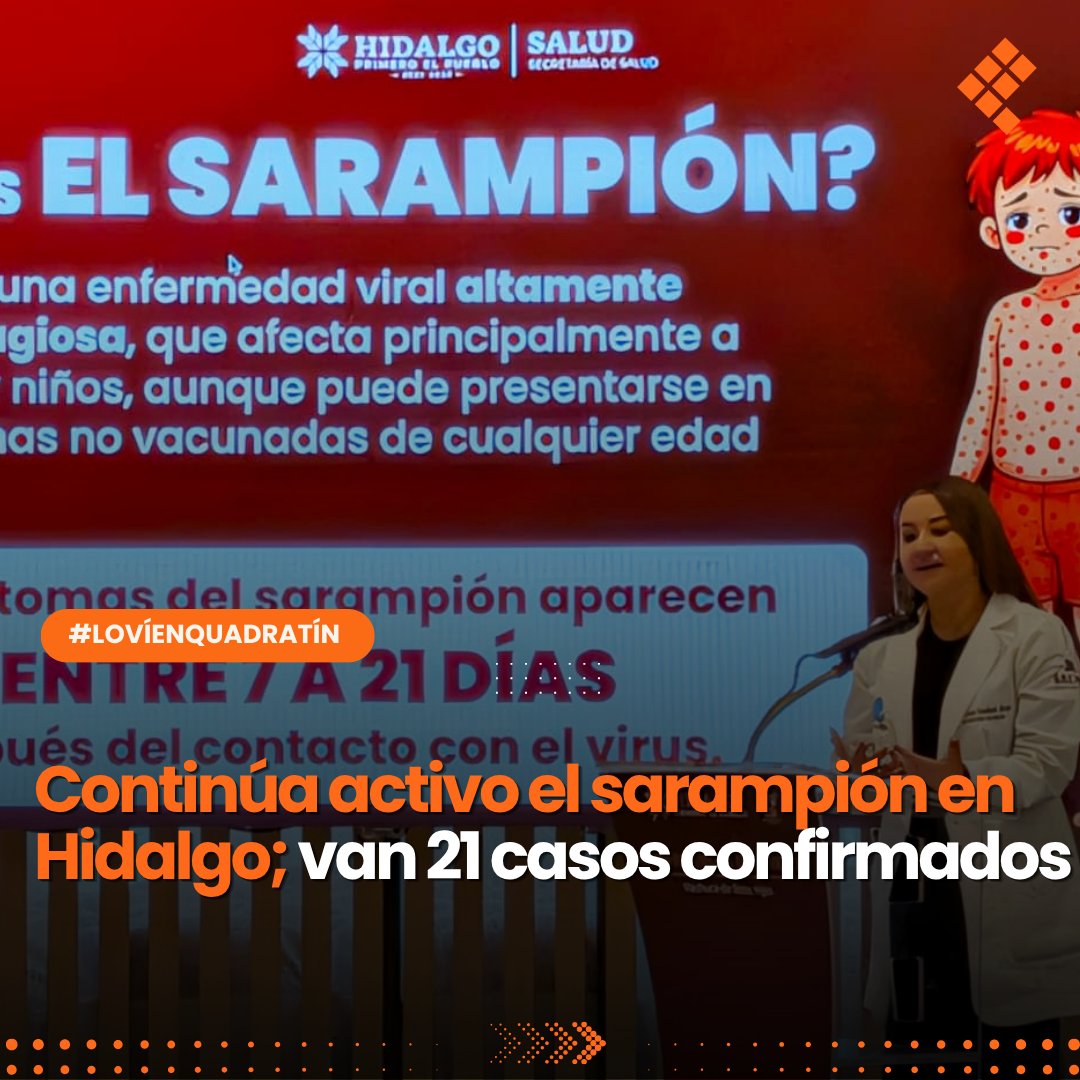 Quadratin_Hgo's tweet photo. 🔴👉 #Salud | Continúa activo el sarampión en Hidalgo; van 21 casos confirmados
https://t.co/wEyNpqa2eE 
 🔶#LoVíEnQuadratín #Hidalgo #Sarampión #Noticias https://t.co/CyJ5F0Zvu9