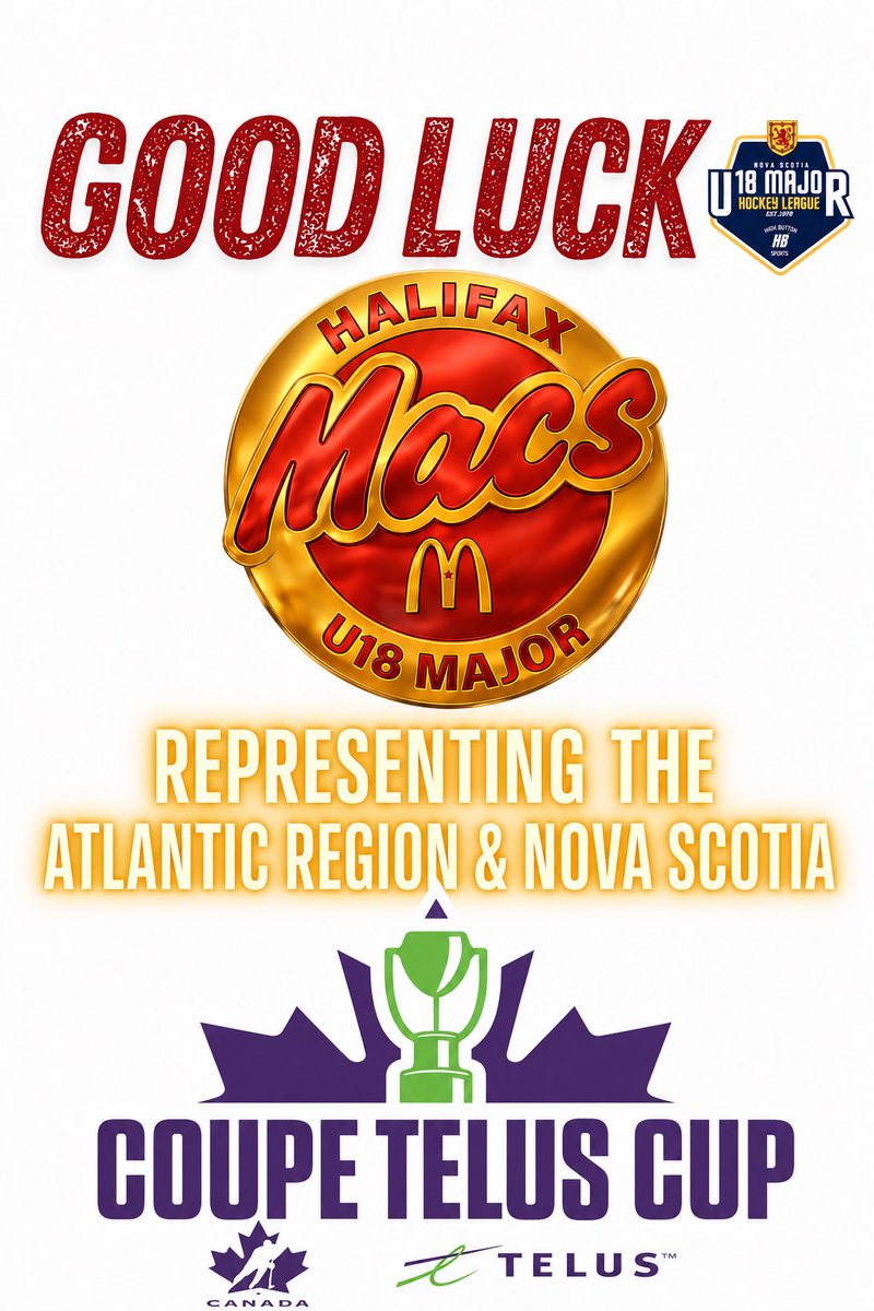 sydmitsuRUSH's tweet image. Best of luck to the @HfxMacs as the battle for Gold &amp;amp; the title of Telus Cup Champs -representing all of the Atlantic Region &amp;amp; Nova Scotia at the Telus Cup tonight at 7pm AST in Peterborough, ON!

We are all cheering you on!

#teluscup2026 #hfxmacs #bringithome