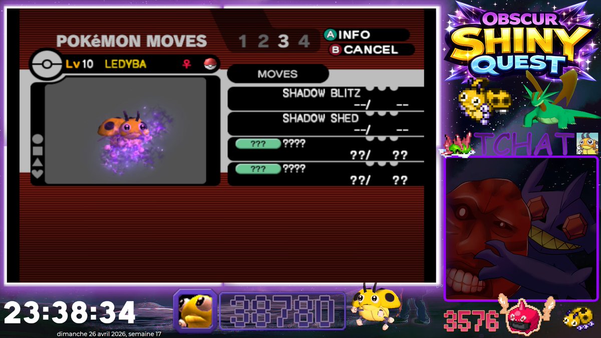 Coxy shiny en 38 780 resets sur pokemon XD délock, très très heureux qu'il tombe enfin après 4mois de shasse dont 466h de shasse, il complète ma 3 étape de mon OSQ