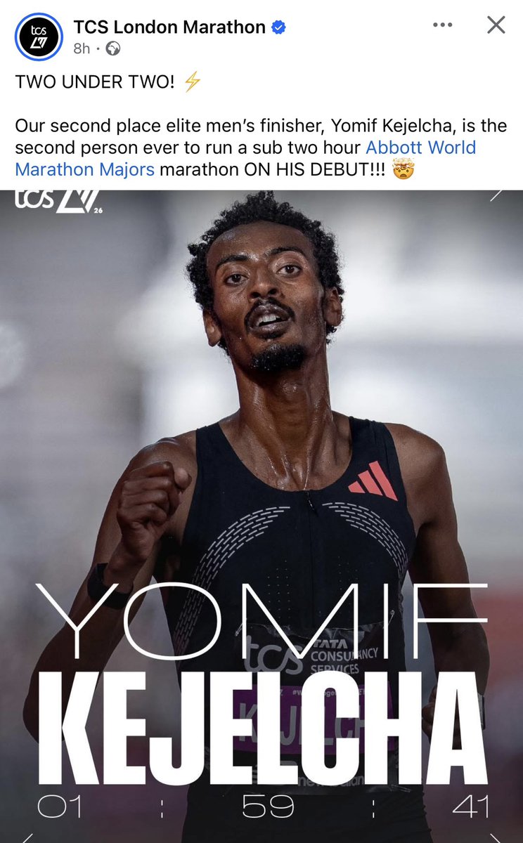 fitsumaregaa's tweet photo. Congratulations! 
What an incredible day for marathon running! 

Ethiopian athlete Yomif Kejelcha, in his very first marathon and on one of the toughest courses in the world, the @LondonMarathon, became the 1st Ethiopian to break the 2- hour barrier. He delivered a stunning performance finishing in 2nd place and setting a new national record for #Ethiopia. 

Kenyan athlete Sebastian Sawe made history by shattering the world record & claiming victory in 1st place. 

Yomif Kejelcha & Sebastian Sawe didn’t just run, they rewrote the limits of human potential. The 2 hour barrier has finally been broken.