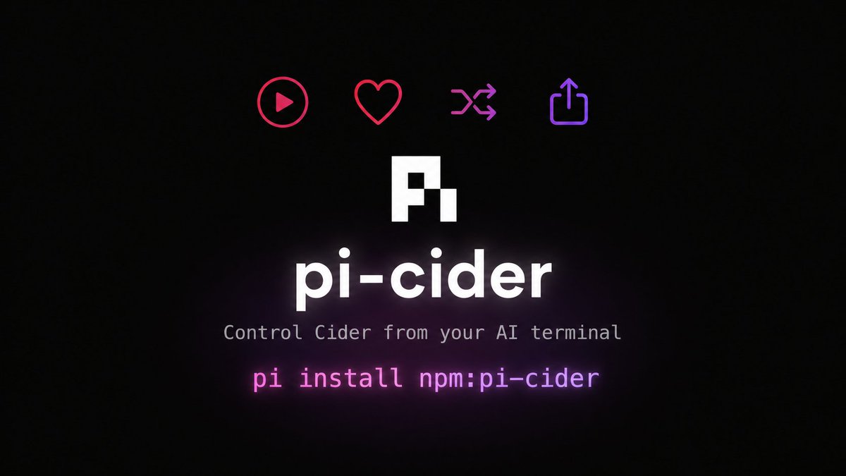 iamserlis's tweet photo. pi-cider is live
Control Cider from your AI terminal.
Play, pause, skip — without leaving your workflow.

Minimal. Scriptable. Fast.

pi install npm:pi-cider

@badlogicgames
#devtools #ai #opensource #javascript https://t.co/j81tqzto42