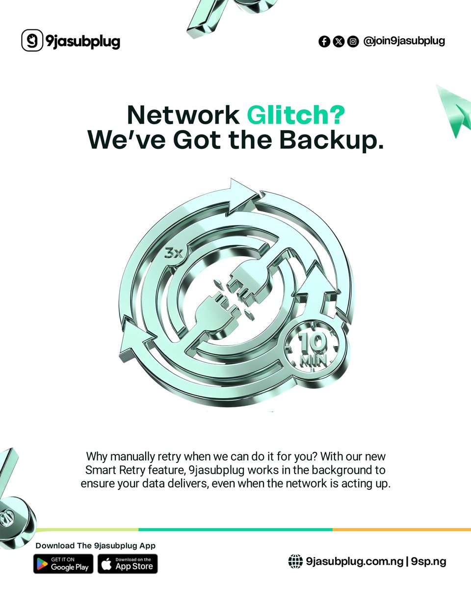 join9jasubplug's tweet photo. Network Glitch? We’ve Got the Backup.
Experience seamless connectivity without the manual effort. If a data purchase encounters a network failure/delay, our Smart Retry system automatically intervenes. https://t.co/rqgr5mvD7j