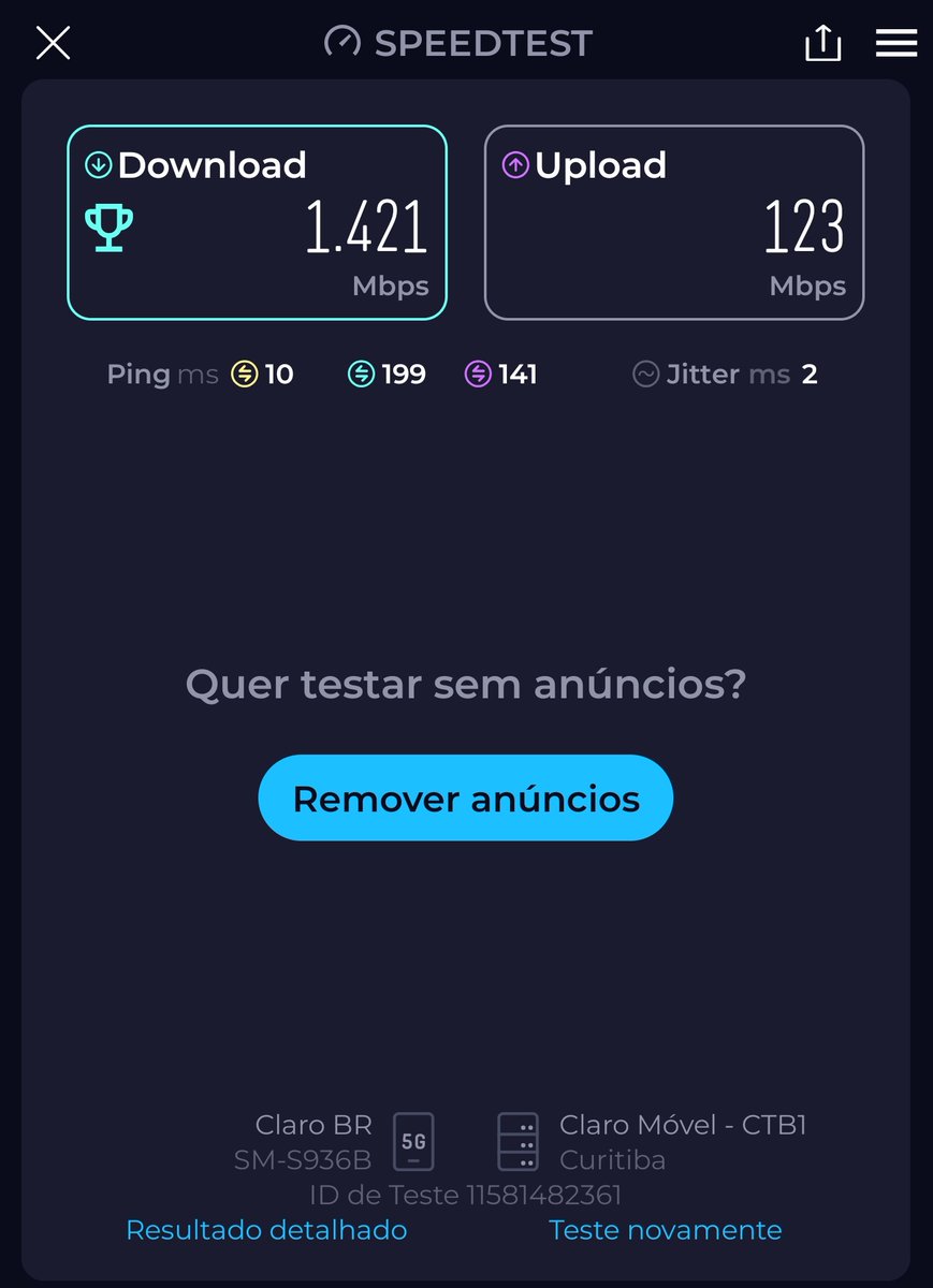 WiliamFelipe's tweet photo. Caraca dona @ClaroBrasil , parabéns pra essa velocidade do 5G, viu? 😲 https://t.co/FIxpu8qWl5