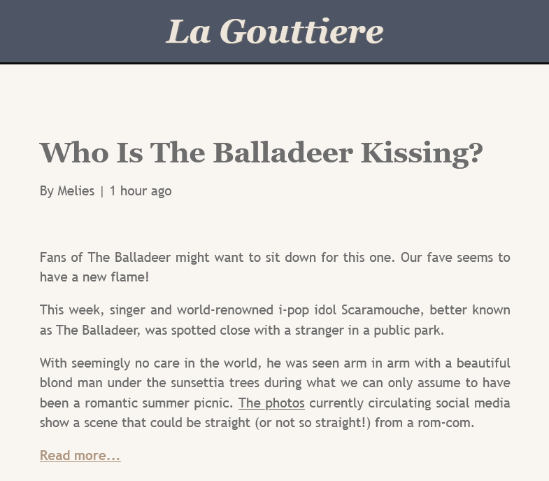 _dainsleifs's tweet photo. caught the headline
♫⋆｡♪ ₊˚♬ ﾟ.
Fans of The Balladeer might want to sit down for this one.

𝄞 #scarabedo
𝄞 social media fic
𝄞 html heavy
𝄞 day 1: picnic &amp; day 2: idol 

#scarabedoweek2026
🔗 https://t.co/5XehsgpxxI https://t.co/NoGsEUZFNq