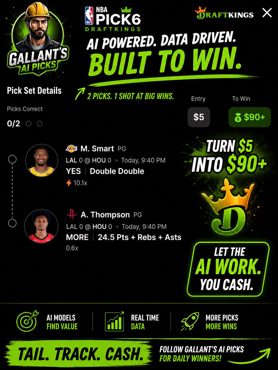 GallantsAIPicks's tweet image. Let’s make some money 2nite! #flyer #draftkings