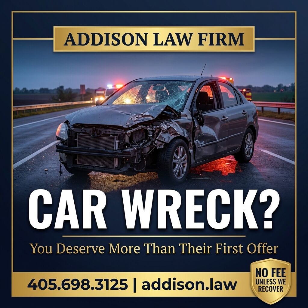 addisonlawfirm's tweet image. After a car wreck, the insurer's first offer is designed to make your claim disappear — not to make you whole. Know your rights. 405.698.3125 #CarWreck #OKC