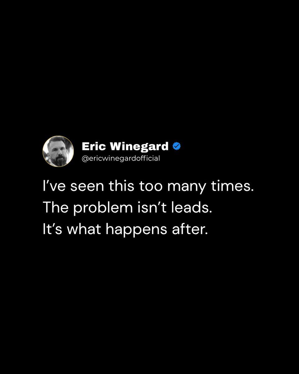 EricWinegard32's tweet image. I’ve seen the pattern: businesses think they need more leads, but they actually need a better system. 📉

Slow responses and zero follow-up kill growth.

Leads aren’t the issue, the process is.
Fix what happens after the lead arrives or keep losing them. 

#Leads #Sales #Business