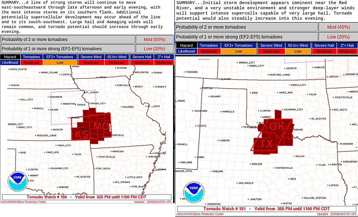 stormchaser4850's tweet image. Note: 40% to 50% probability of #tornadoes within the ongoing 2 #Tornado WATCHES covering parts of #Kansas (#KSwx ), #Missouri (#MOwx ), #Oklahoma (#OKwx ) and #Texas (#TXwx) until 11 pm CDT Sunday night (April 26)

- LOW/20% probability of STRONG EF-2+ tornadoes