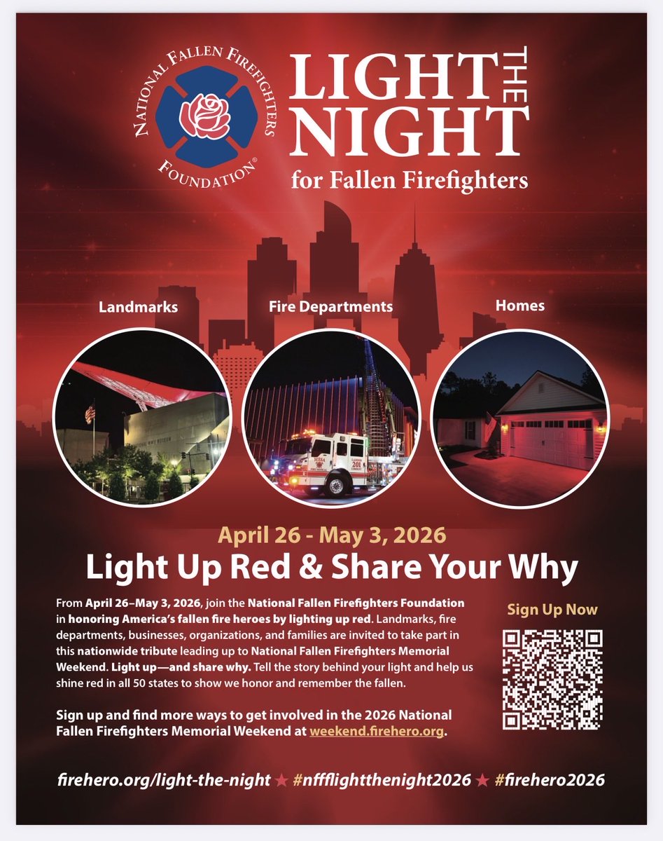 DFFAAuxiliary's tweet photo. Tonight, April 26th, 2026, begins the annual week of Light the Night - Light up your front porch and buildings in red to honor America’s fallen fire heroes. Keep your red lights shining every night through May 3rd. ❤️🚒 https://t.co/Uyi0Q34seV