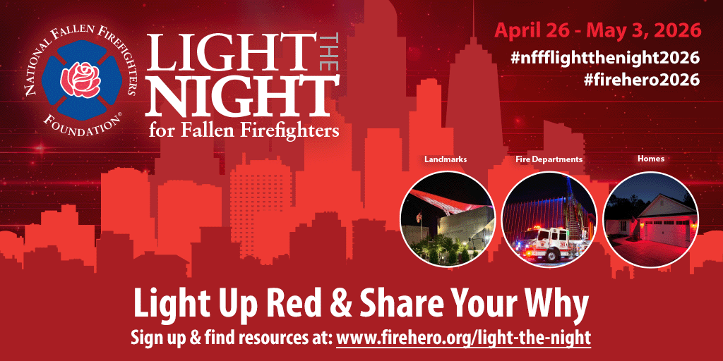 NFFF_News's tweet photo. Tonight marks the beginning of a powerful nationwide tribute.
4/26-5/3 we invite you to take part in Light the Night for Fallen Firefighters by shining a red light on your home, fire station, business, or community landmark.
Register and learn more: https://t.co/9UpLDFdOJL https://t.co/PeLbXzKGUR